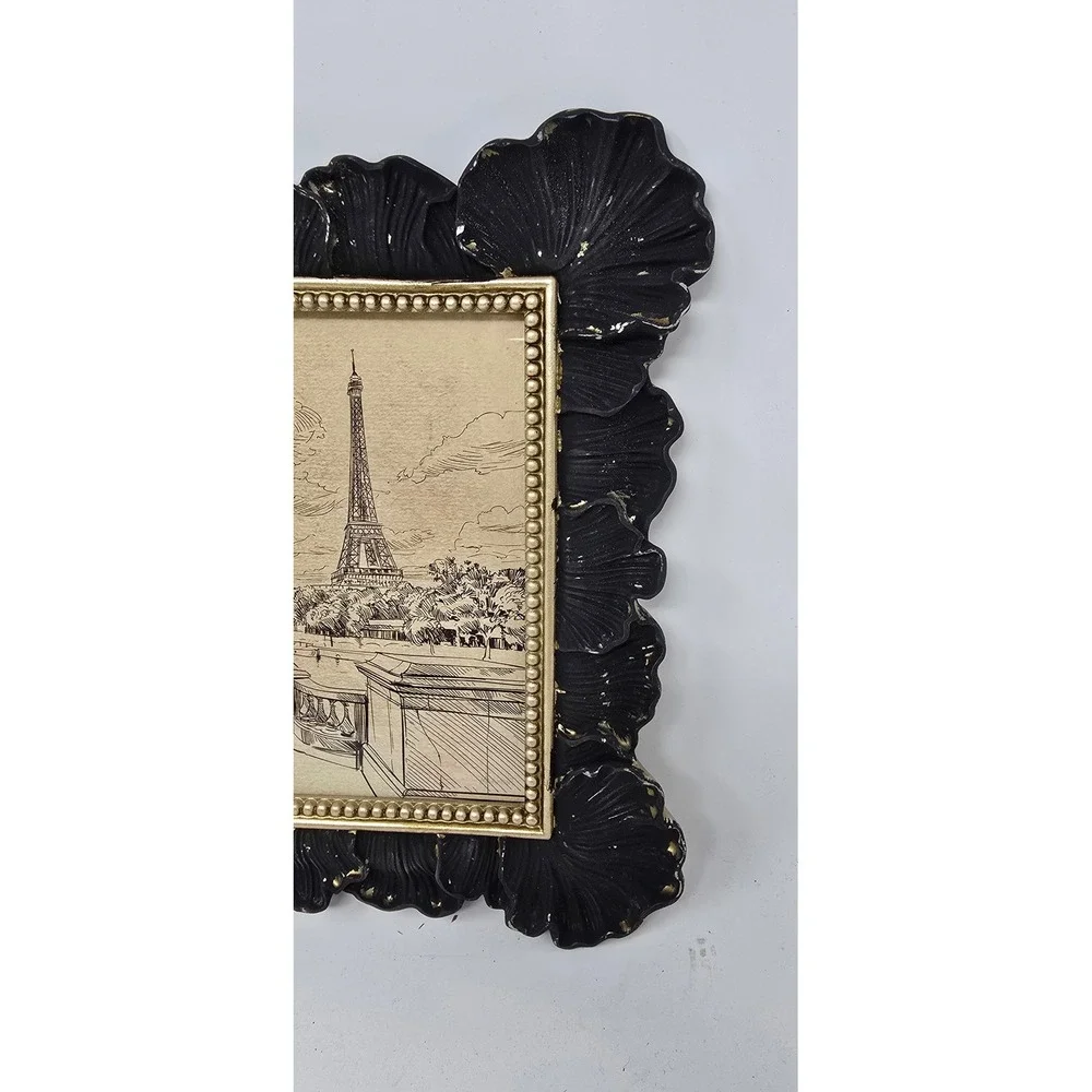 Paris Eiffel Tower ink sketch framed art black gold ornate scalloped frame